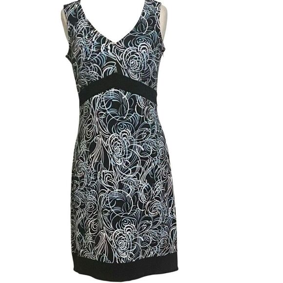 Ann Taylor Loft Sleeveless Dress Sz 2 Black with Teal & White Swirls Side Zipper - Picture 9 of 9
